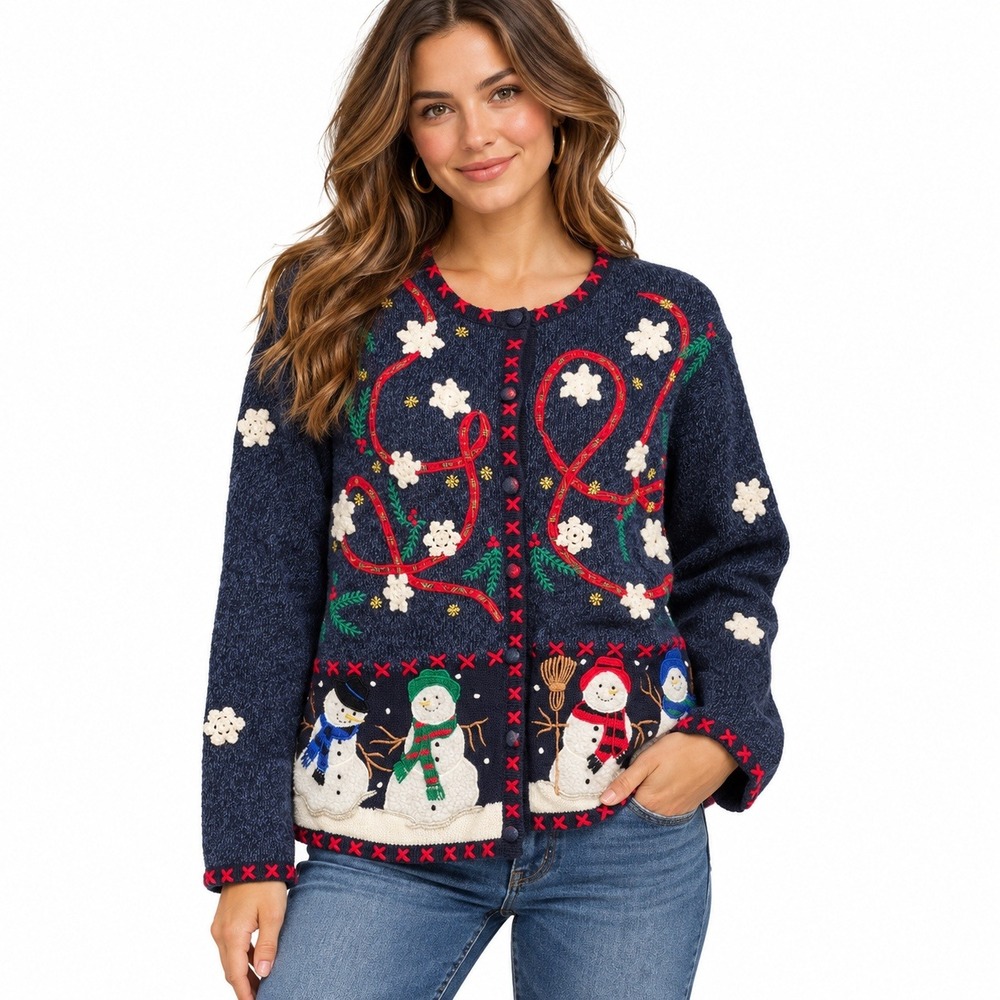 Vintage Designers Originals Studio Cardigan XL Blue Snowman Christmas Sweater